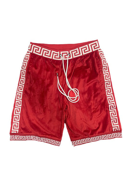 Red White Status Print Velour Shorts Suede Shorts