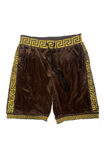 Load image into Gallery viewer, Men&#39;s Burgundy-Gold Status Print Velour Shorts Suede Shorts