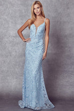 Load image into Gallery viewer, Embroidered Ice Blue Lace Jeweled Sweetheart Maxi Gown