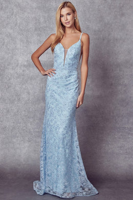 Embroidered Ice Blue Lace Jeweled Sweetheart Maxi Gown