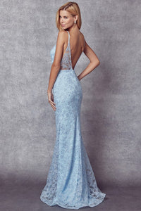 Embroidered Ice Blue Lace Jeweled Sweetheart Maxi Gown