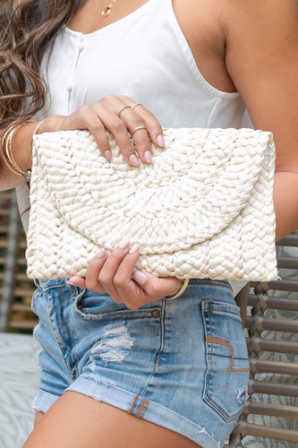 Fold Over Straw Clutch Handbag