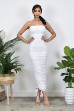 Load image into Gallery viewer, White Strapless Ruched Bodycon Maxi Dress