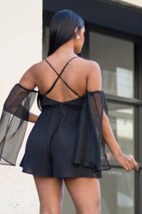 Cross Back Black Deep V-Neck Mesh Sleeve Romper