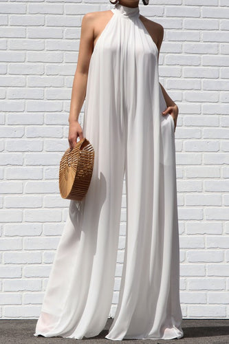 Bohemian White High Neck Band Long Wide Leg Jumpsuit