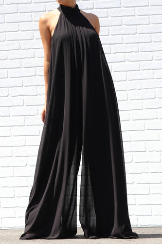 Bohemian Black High Neck Band Long Wide Leg Jumpsuit