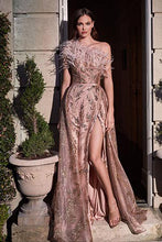 Load image into Gallery viewer, Champagne Rose Gold Ostritch Feather One Shoulder Glitter Ball Gown