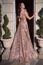 Load image into Gallery viewer, Champagne Rose Gold Ostritch Feather One Shoulder Glitter Ball Gown