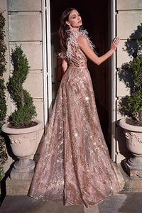 Champagne Rose Gold Ostritch Feather One Shoulder Glitter Ball Gown