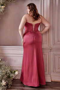 Plus Size Rose Red Corset Style Off Shoulder Satin Gown