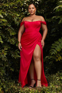 Plus Size Red Corset Style Off Shoulder Satin Gown