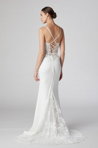 Lace Up Back Off White Sleeveless Trumpet Wedding Dress