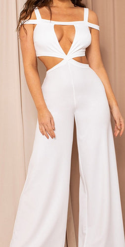 White Cut-Out Bodice Cold Shoulder Wide Leg Jumpsuit