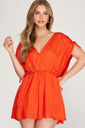 Orange Satin Ruched Shoulder Romper