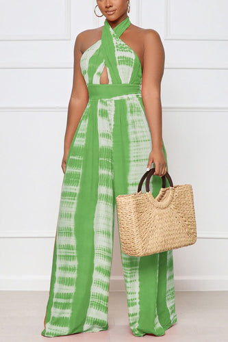 Criss Cross Green Halter Neck Sleeveless Wide Leg Jumpsuit