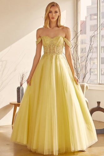 Dreamy Corset Style Tulle Yellow Strapless Gown