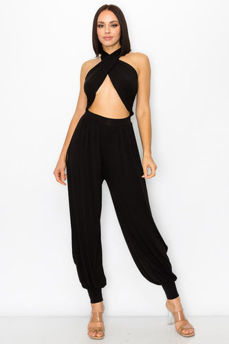 Cross Halter Black Double Slit Aladin Sleeveless Jumpsuit