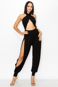 Cross Halter Black Double Slit Aladin Sleeveless Jumpsuit