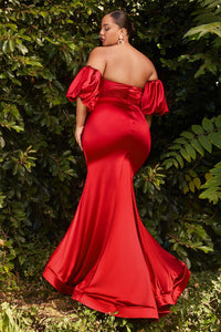 Plus Size Goddess Red Off Shoulder Puff Sleeve Satin Gown