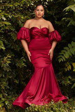 Load image into Gallery viewer, Plus Size Goddess Red Off Shoulder Puff Sleeve Satin Gown