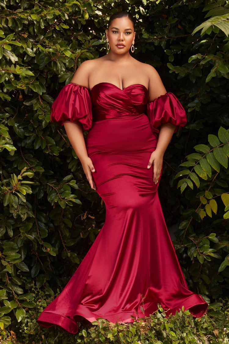 Plus Size Goddess Red Off Shoulder Puff Sleeve Satin Gown