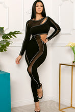 Load image into Gallery viewer, Outward Stitch Black Mesh Paneled Bodycon Jumpsuit