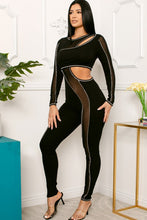 Load image into Gallery viewer, Outward Stitch Black Mesh Paneled Bodycon Jumpsuit
