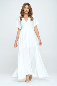 Casual White V-Neck Short Sleeve Flowy Maxi Dress