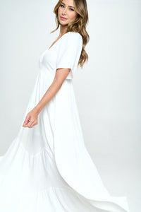 Casual White V-Neck Short Sleeve Flowy Maxi Dress