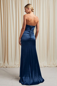 Sweetheart Sapphire Blue Front Slit Strapless Satin Gown