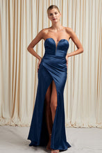 Load image into Gallery viewer, Sweetheart Sapphire Blue Front Slit Strapless Satin Gown