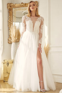 Lace Long Sleeve White Chiffon A-Line Bridal Gown