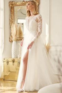 Lace Long Sleeve White Chiffon A-Line Bridal Gown