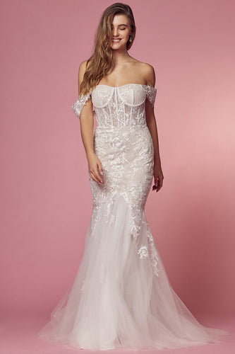 Sweetheart White Off Shoulder Lace Illusion Mermaid Tulle Gown