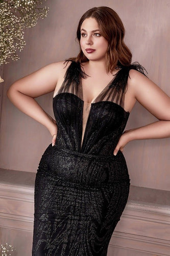 Black Sequin Beaded Mesh Sleeveless Plus Size Mermaid Gown