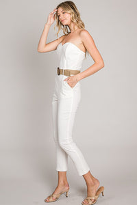 Sweetheart Neck Belted White Strapless Jumpsuit