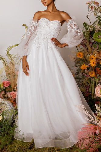 Sweetheart Neckline White Glitter Mesh Sleeve Off Shoulder Gown