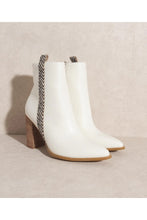 Load image into Gallery viewer, Womens Pointed Toe Beige Stacked Mid Ankle Leather Booties