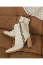 Load image into Gallery viewer, Womens Pointed Toe Beige Stacked Mid Ankle Leather Booties