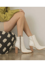 Load image into Gallery viewer, Womens Pointed Toe Beige Stacked Mid Ankle Leather Booties