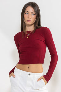 Causal White Ribbed Knit Long Sleeve Crop Top