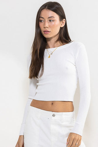 Causal White Ribbed Knit Long Sleeve Crop Top