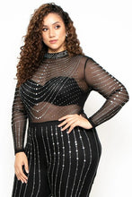 Load image into Gallery viewer, Plus Size Black Rhinestone Jeweled Long Sleeve Jumpsuit