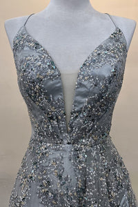 Silver Deep V Neck Sequin A Line Dress with Thigh High Slit