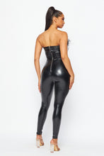 Load image into Gallery viewer, Black Vegan Leather Strapless Feather Jumpsuit