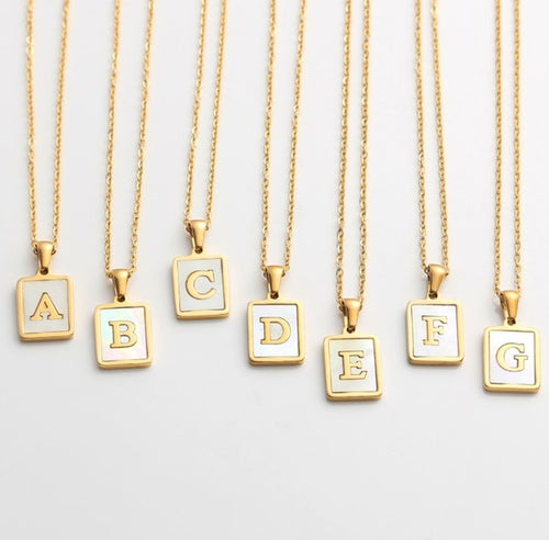 Golden Chain Square Natural Shell Initial Letter Pendant Necklace