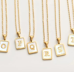Golden Chain Square Natural Shell Initial Letter Pendant Necklace
