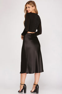 Elegant Sleek Black Satin High Waist A-Line Flared Midi Skirt