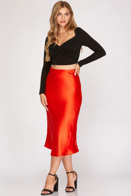 Elegant Sleek Red Satin High Waist A-Line Flared Midi Skirt