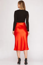 Load image into Gallery viewer, Elegant Sleek Red Satin High Waist A-Line Flared Midi Skirt